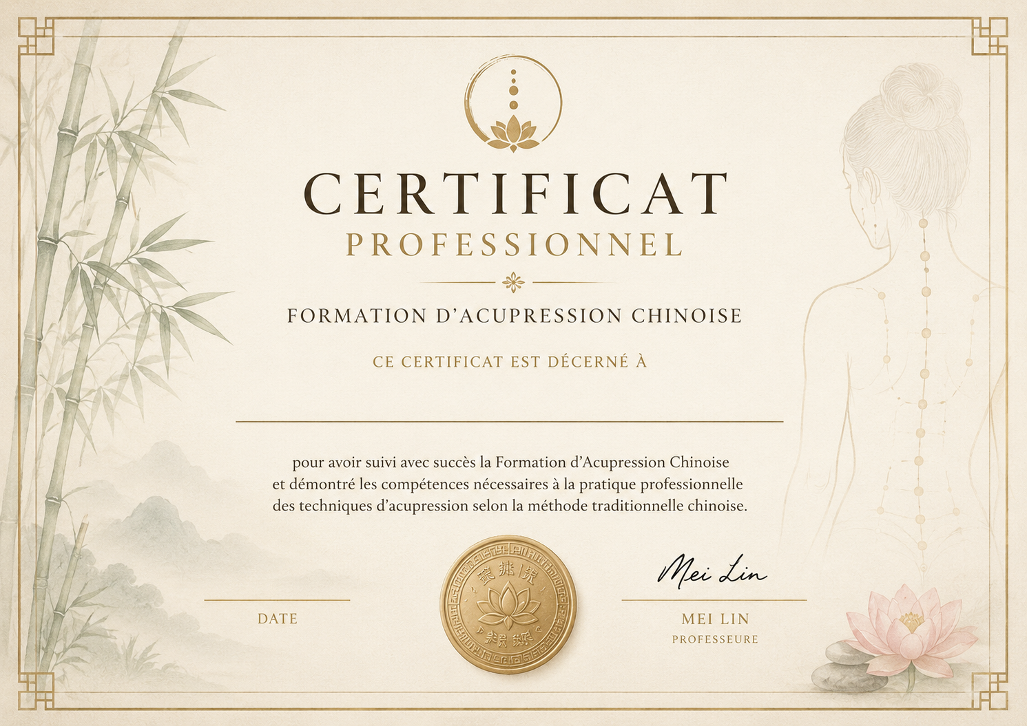 Certificat Acupression Chinoise Méthode Jin